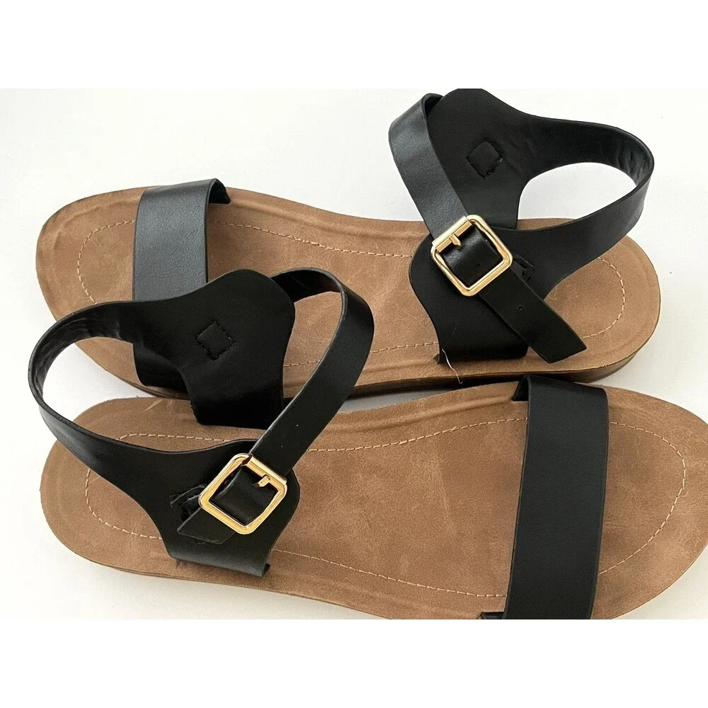 Bamboo Womens Classic Sandals Black/Brown Strappy Size 8 Flat Minimalist Modern
